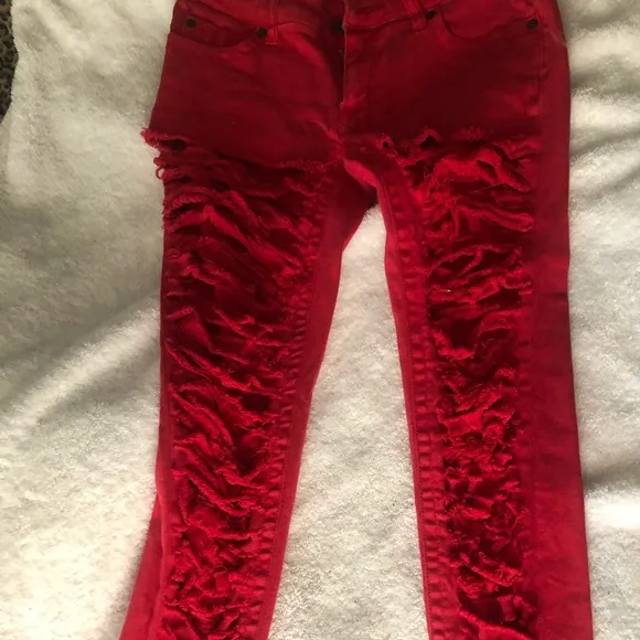🌞 Forever 21 custom cutout shredded distressed cropped red jeans 27