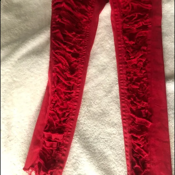 🌞 Forever 21 custom cutout shredded distressed cropped red jeans 27