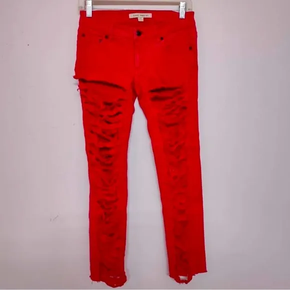 🌞 Forever 21 custom cutout shredded distressed cropped red jeans 27