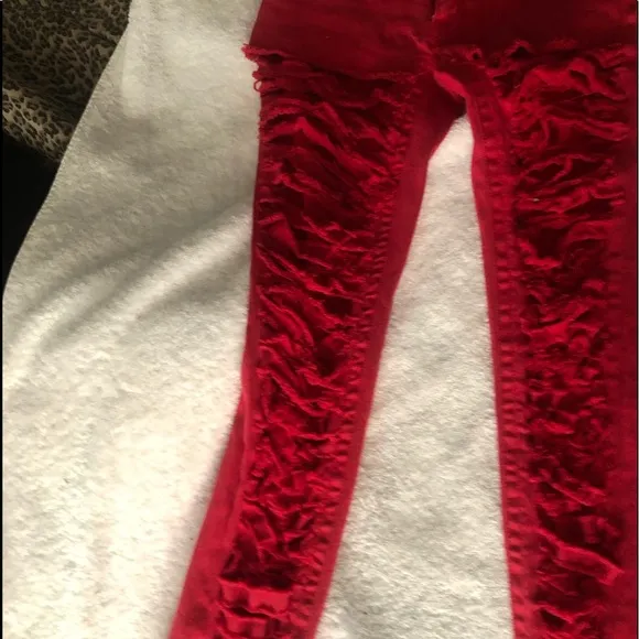 🌞 Forever 21 custom cutout shredded distressed cropped red jeans 27