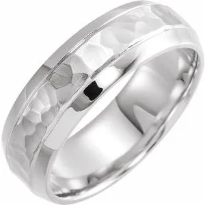 14K White 7 mm Beveled-Edge Band with Hammered Finish Size 10.5