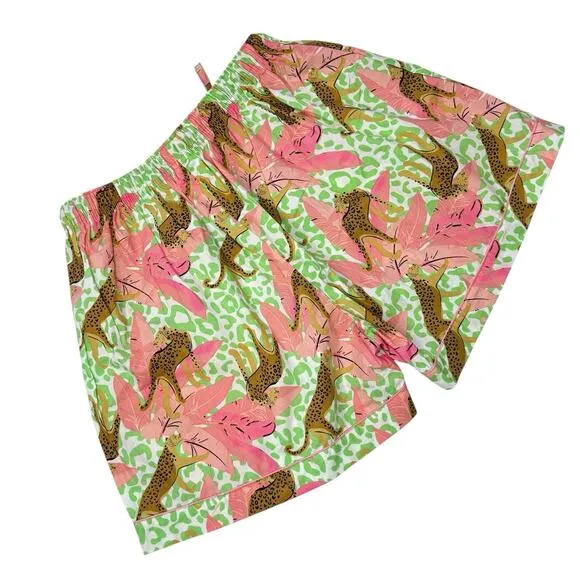 8 Oak Lane 2-Piece Pajama Set Top/Shorts Tropical Leopard 100% Cotton Size L/XL