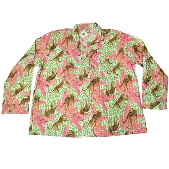 8 Oak Lane 2-Piece Pajama Set Top/Shorts Tropical Leopard 100% Cotton Size L/XL