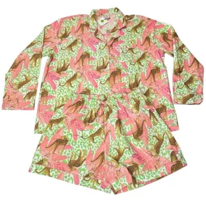 8 Oak Lane 2-Piece Pajama Set Top/Shorts Tropical Leopard 100% Cotton Size L/XL