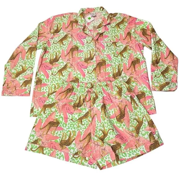 8 Oak Lane 2-Piece Pajama Set Top/Shorts Tropical Leopard 100% Cotton Size L/XL