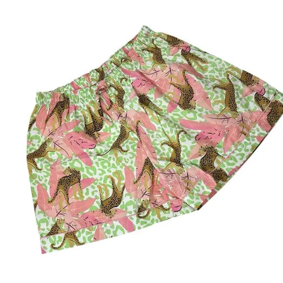 8 Oak Lane 2-Piece Pajama Set Top/Shorts Tropical Leopard 100% Cotton Size L/XL