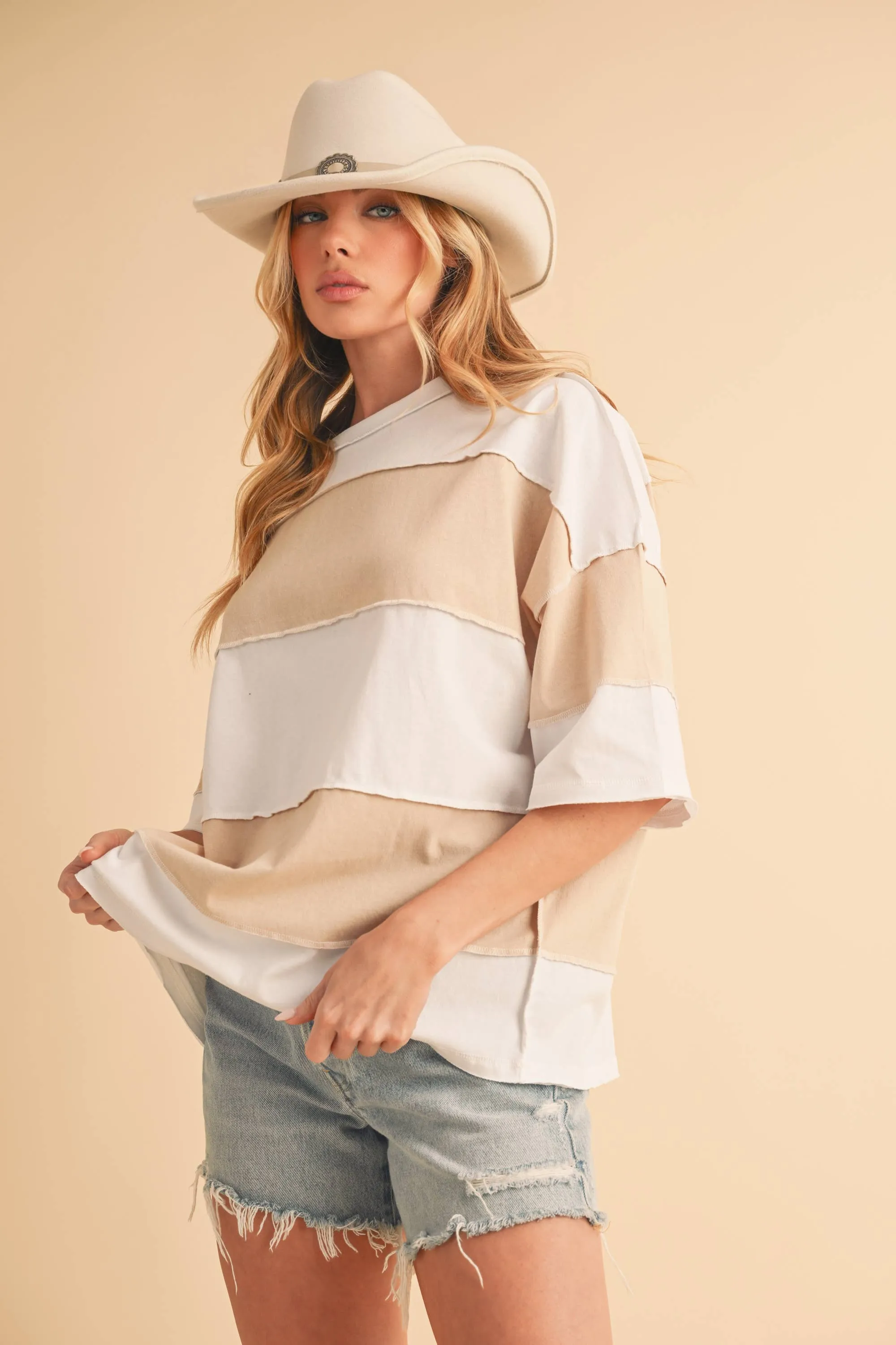 8417FN Polly Color Block Top: White Oat / Contemporary / L