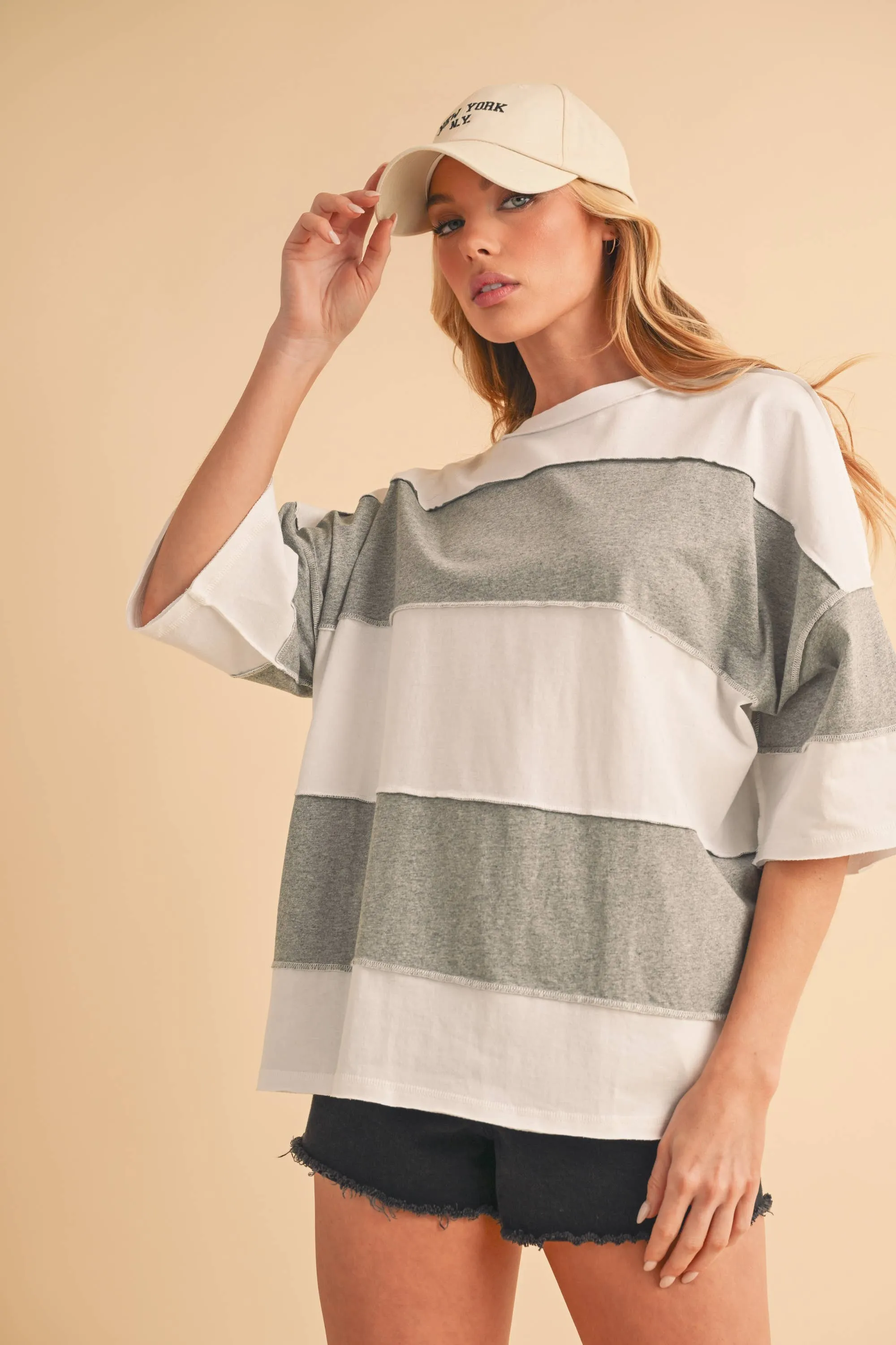 8417FN Polly Color Block Top: White Oat / Contemporary / L