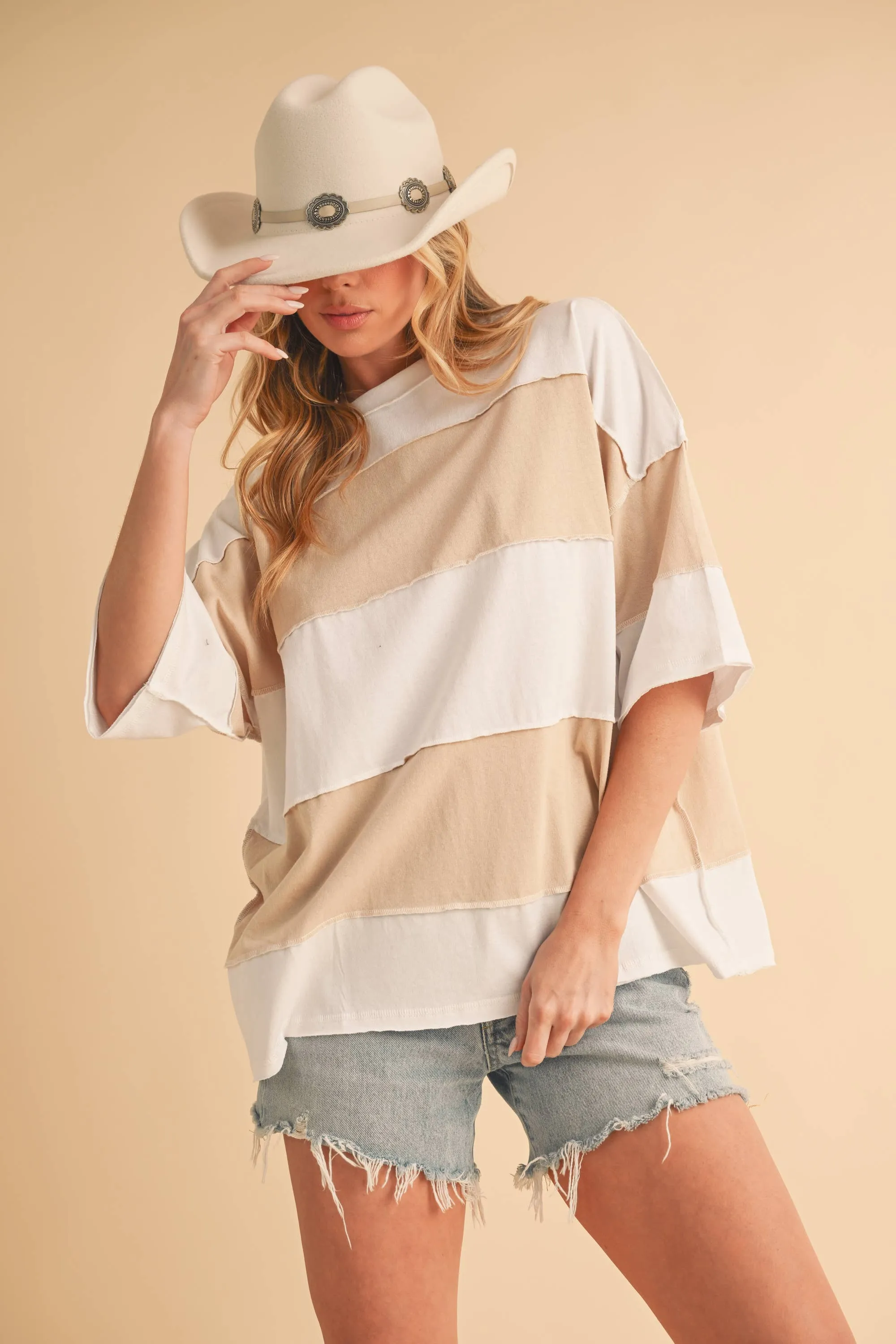 8417FN Polly Color Block Top: White Oat / Contemporary / L