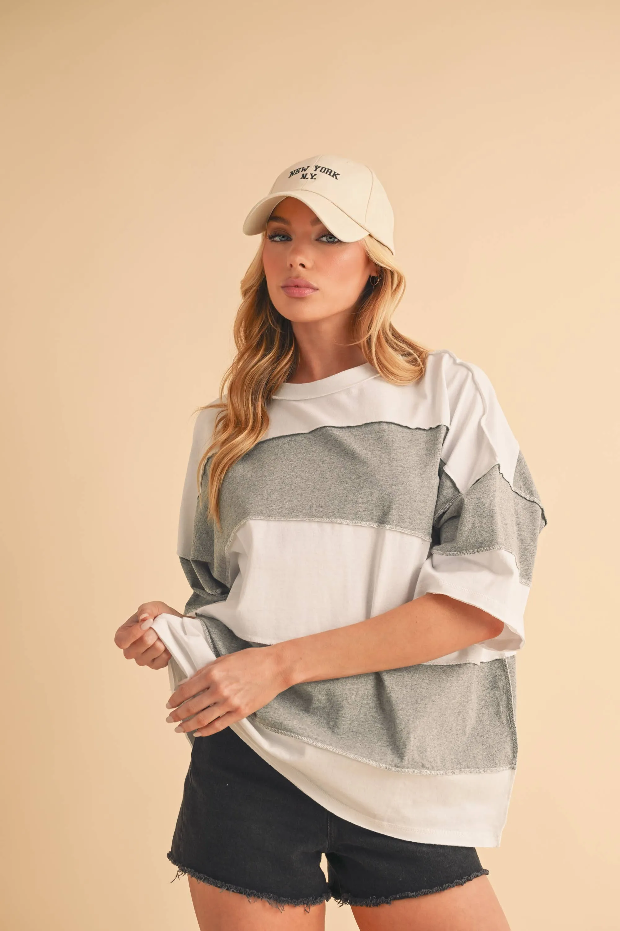 8417FN Polly Color Block Top: White Oat / Contemporary / L