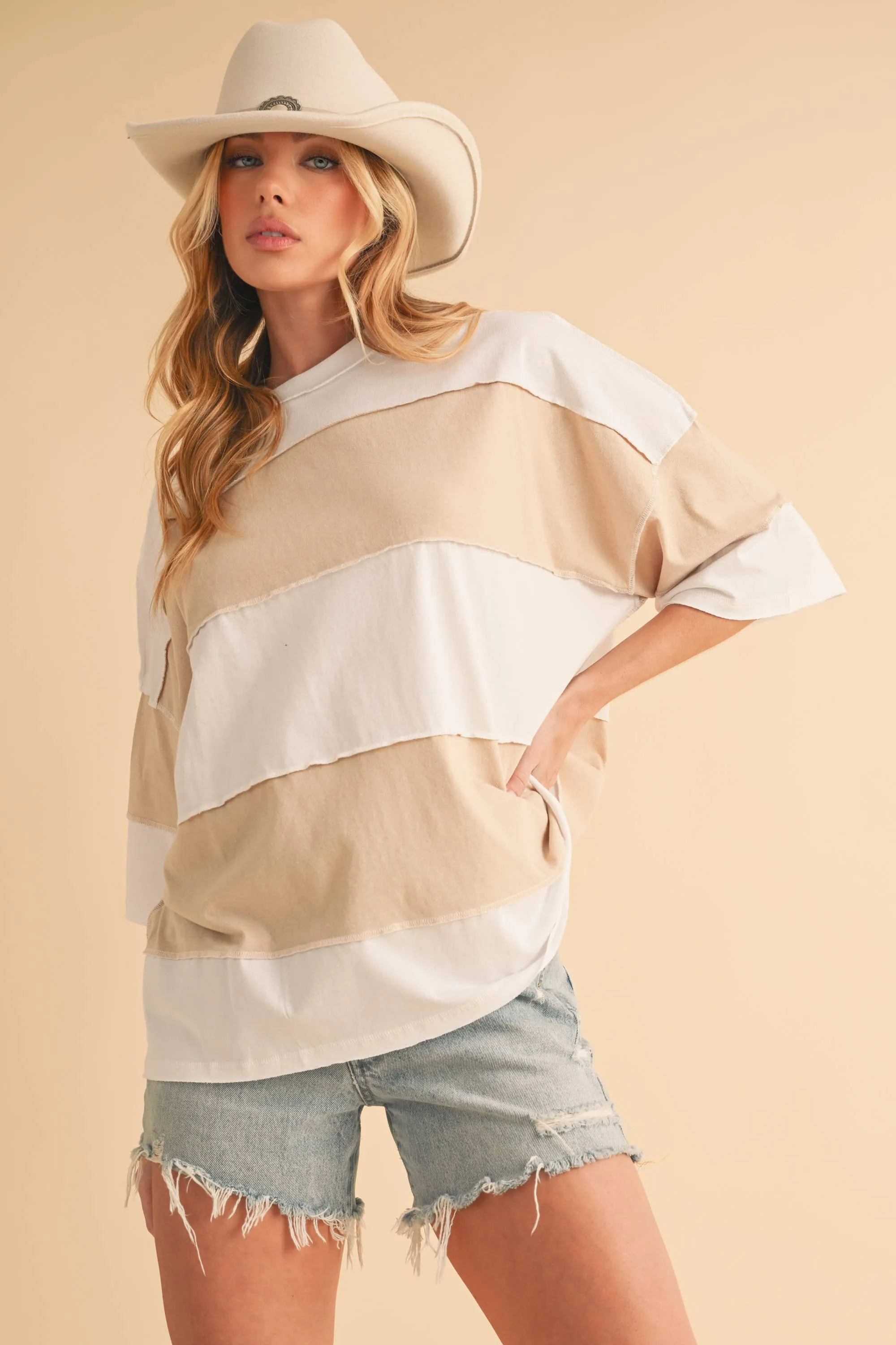 8417FN Polly Color Block Top: White Oat / Contemporary / L