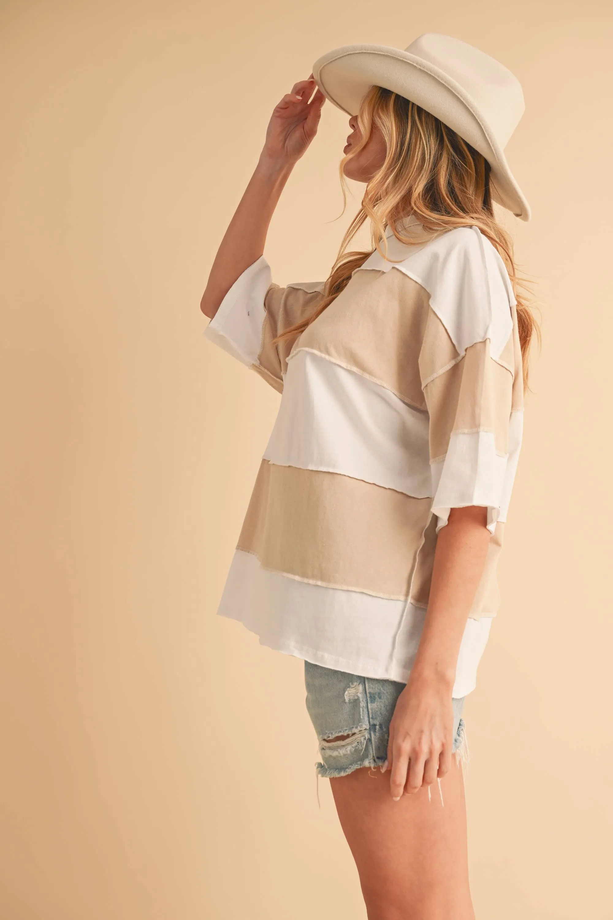 8417FN Polly Color Block Top: White Oat / Contemporary / L