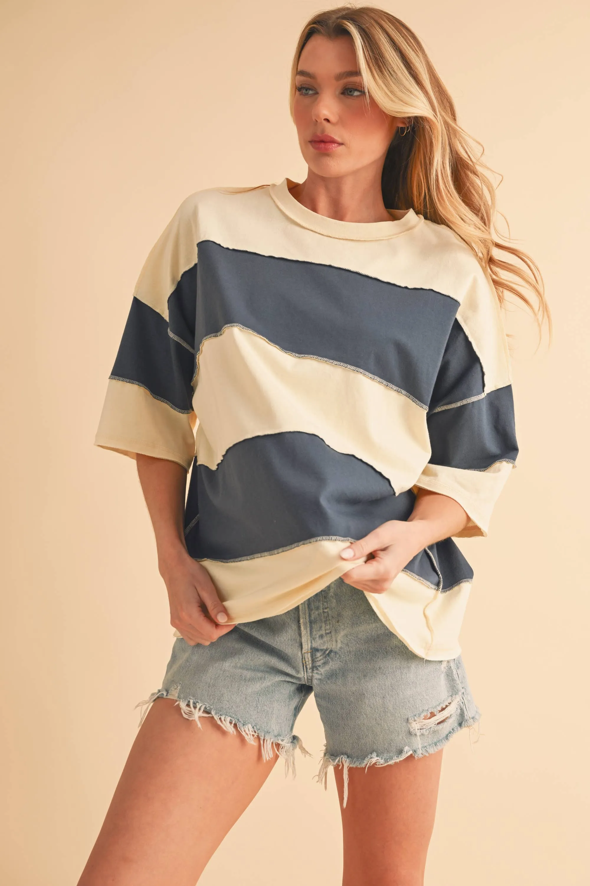 8417FN Polly Color Block Top: White Oat / Contemporary / L
