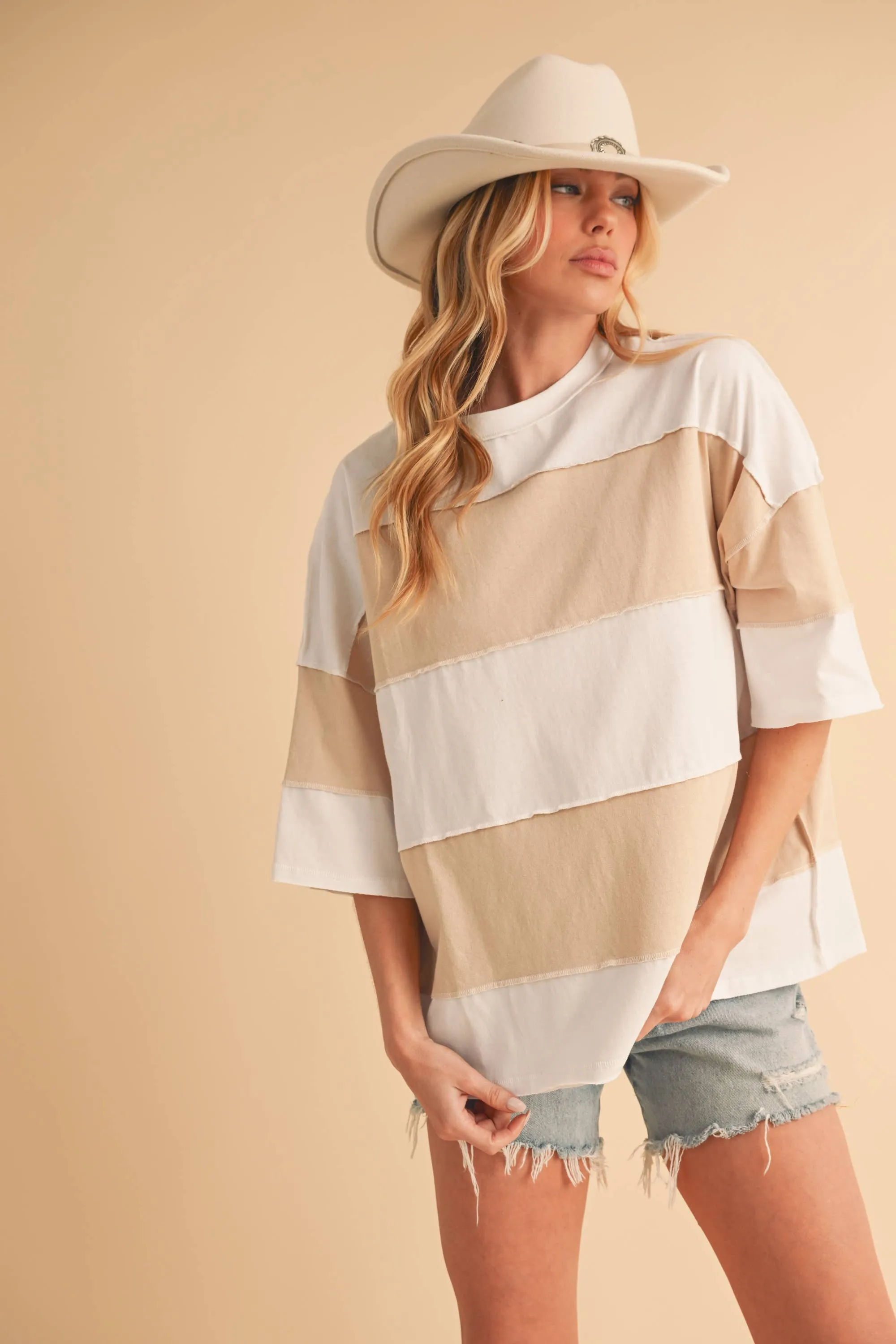8417FN Polly Color Block Top: White Oat / Contemporary / L