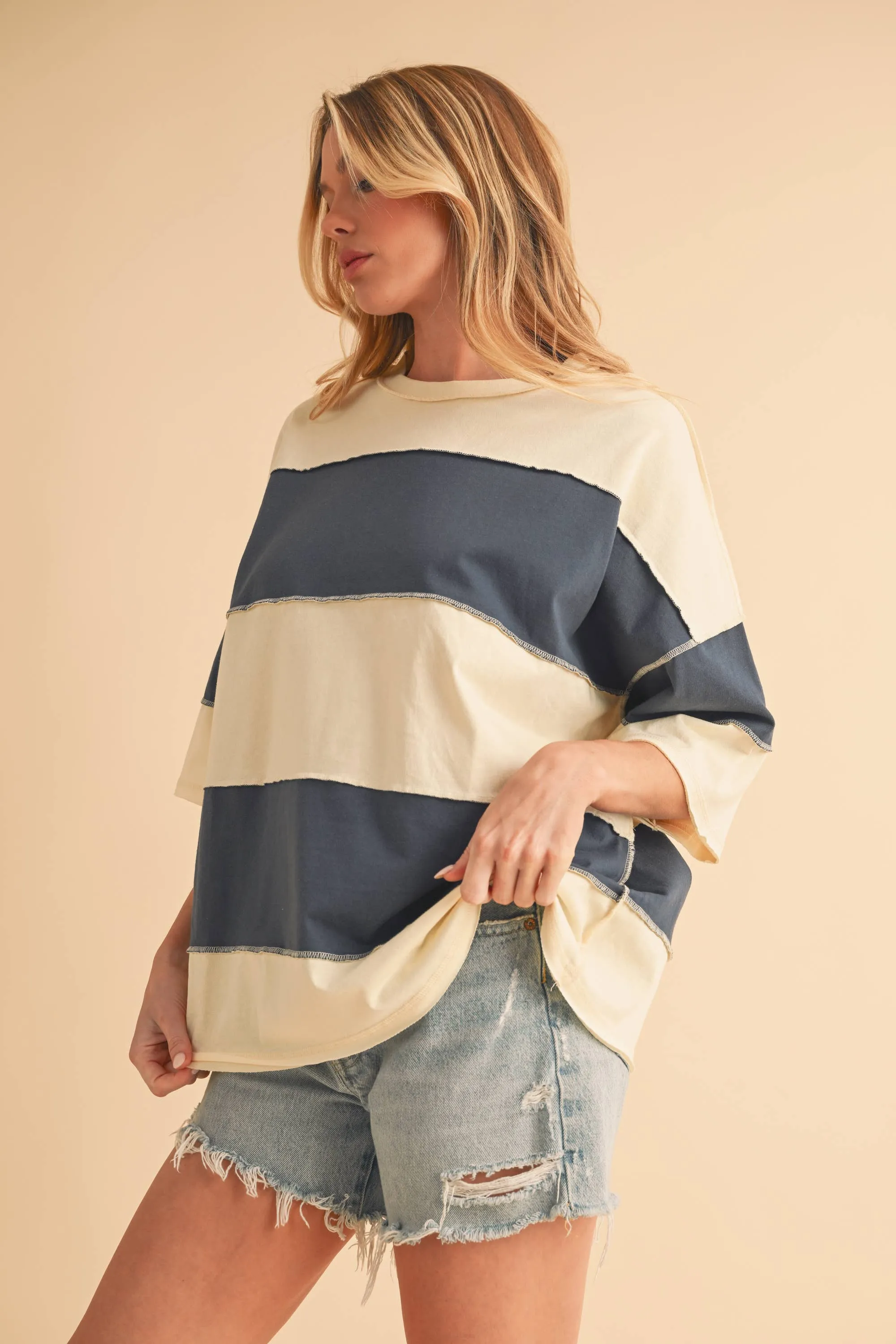 8417FN Polly Color Block Top: White Oat / Contemporary / L