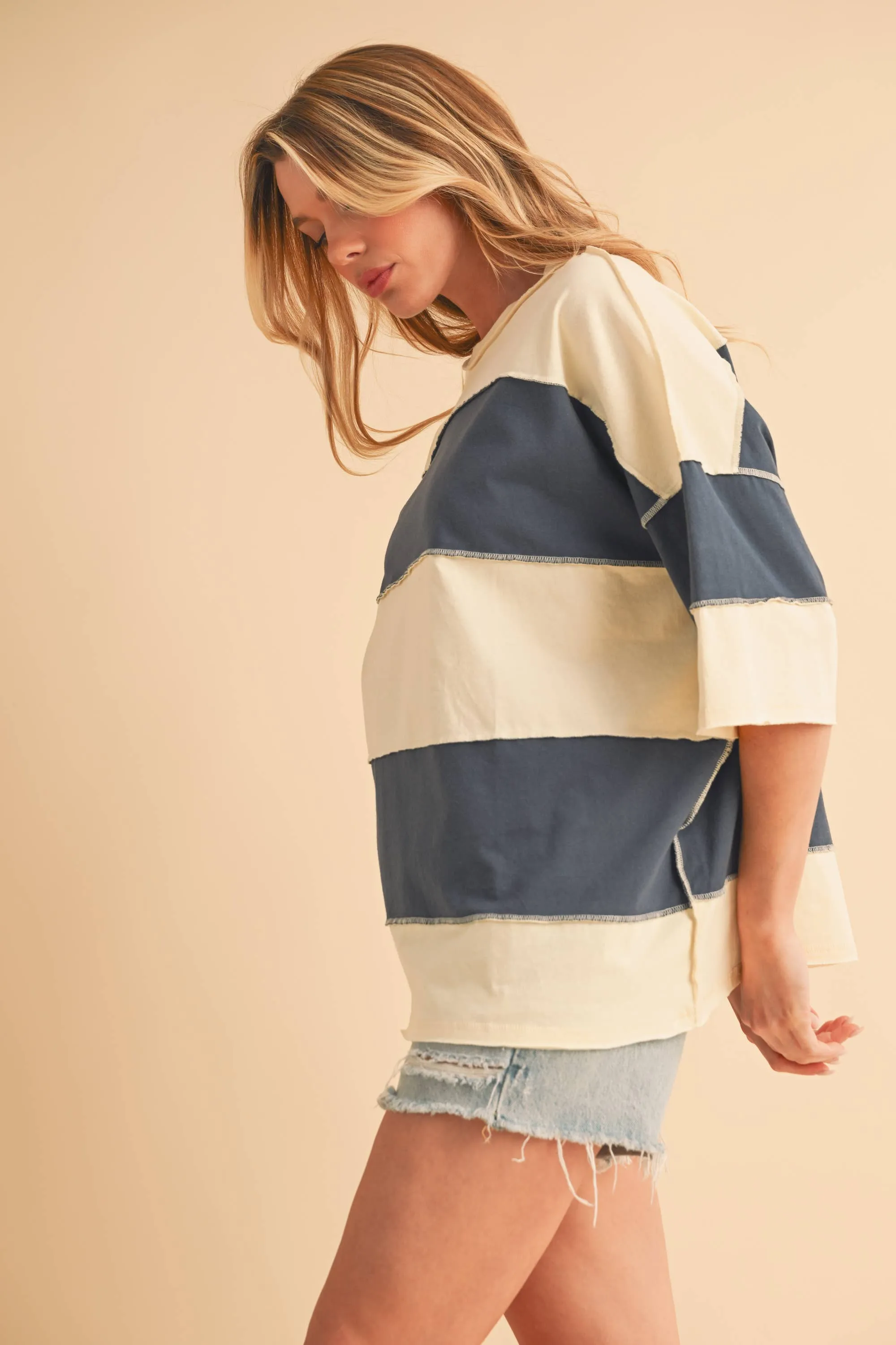 8417FN Polly Color Block Top: White Oat / Contemporary / L