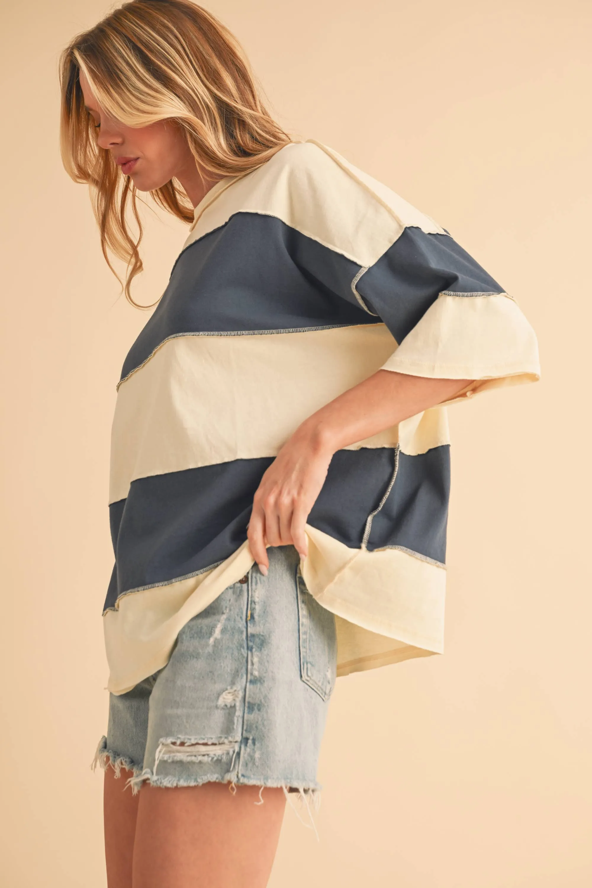 8417FN Polly Color Block Top: White Oat / Contemporary / L