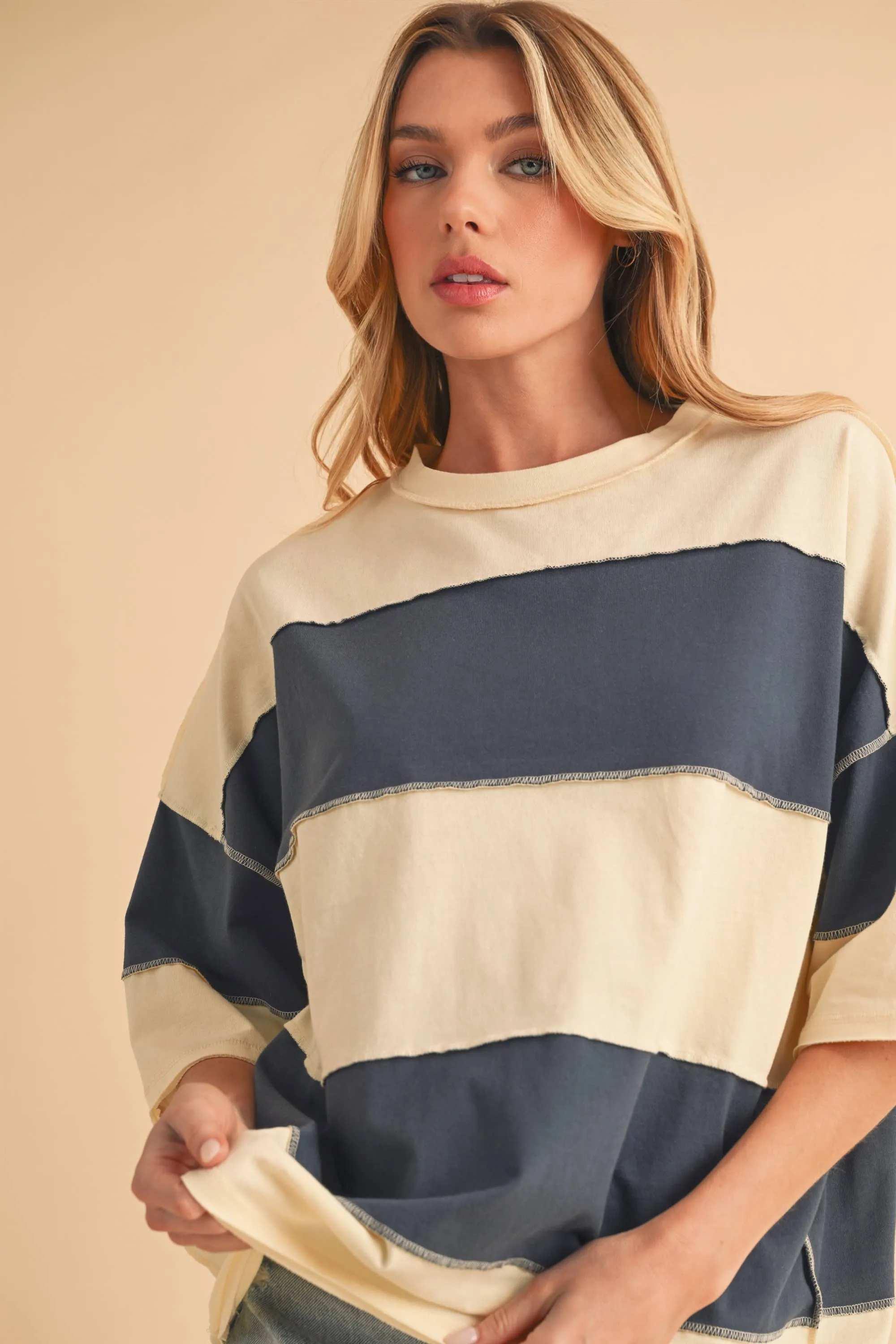 8417FN Polly Color Block Top: White Oat / Contemporary / L