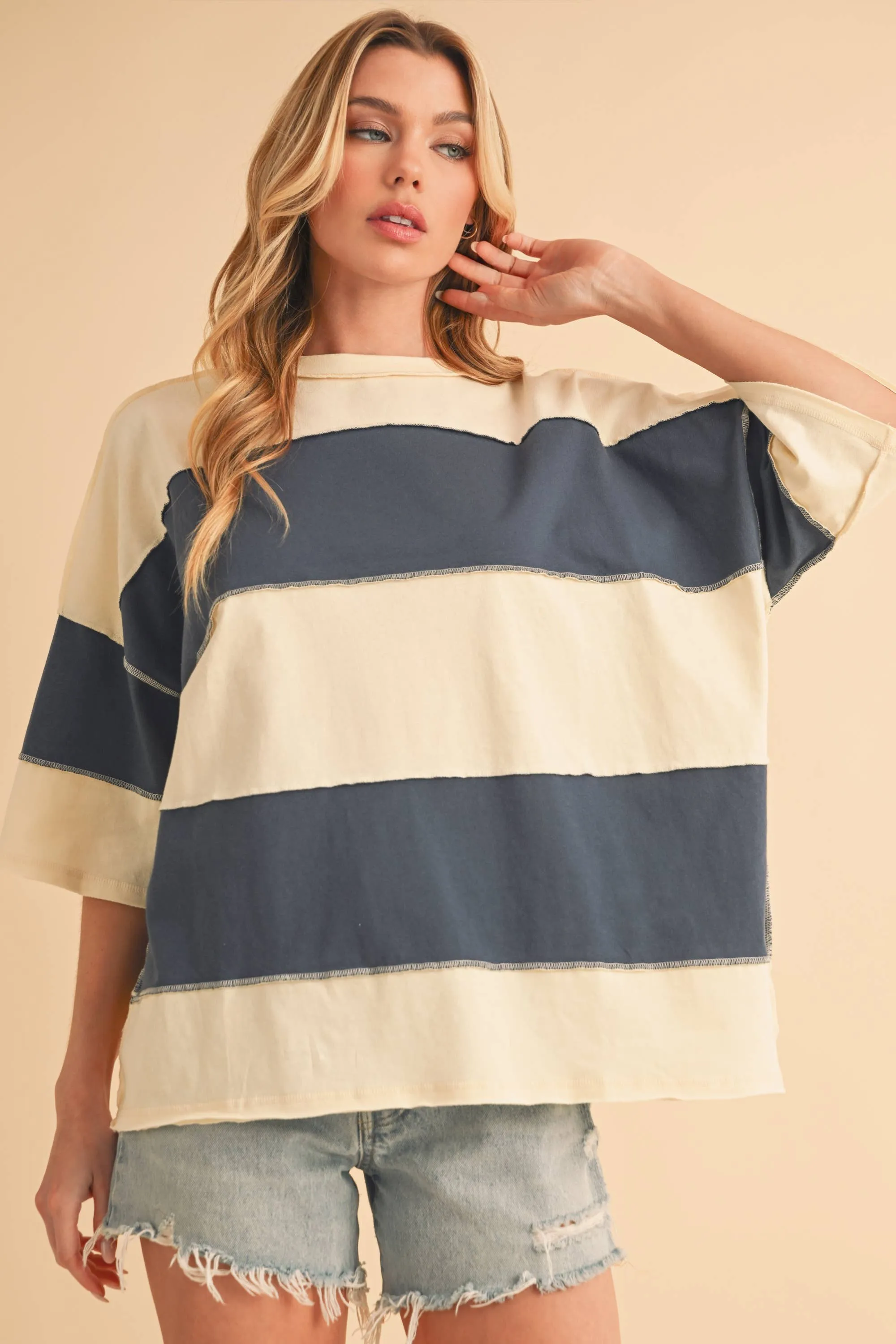 8417FN Polly Color Block Top: White Oat / Contemporary / L