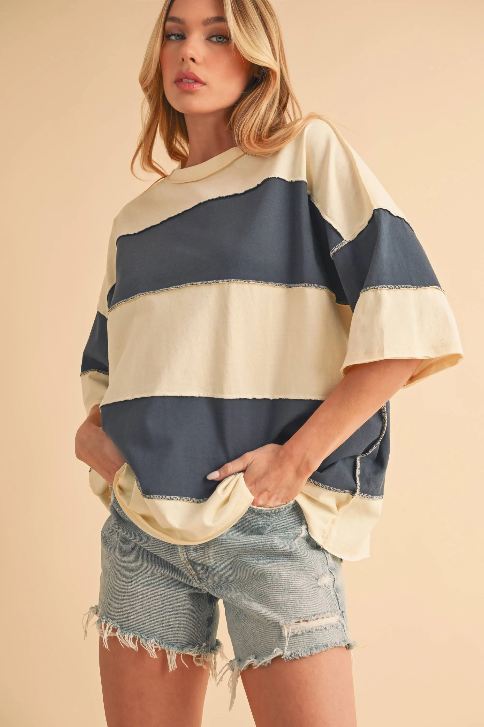 8417FN Polly Color Block Top: White Oat / Contemporary / L