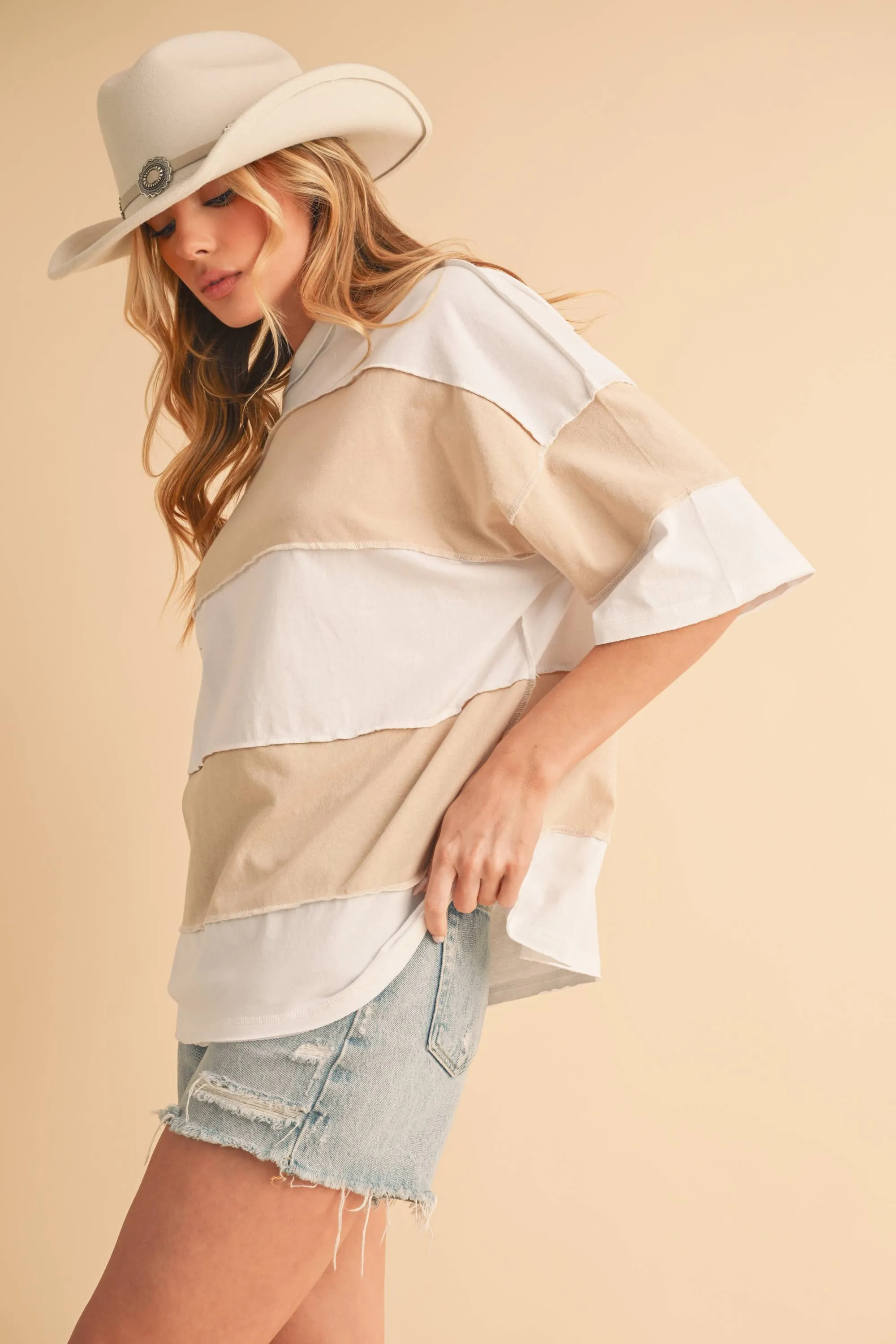 8417FN Polly Color Block Top: White Oat / Contemporary / L