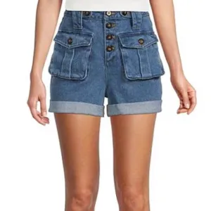 A Loves A High Rise Button Front Flap Pocket Denim Paper Bag Shorts