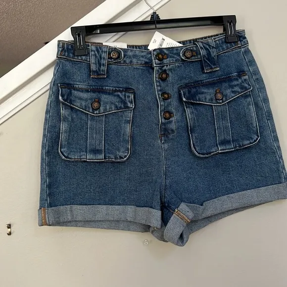 A Loves A High Rise Button Front Flap Pocket Denim Paper Bag Shorts