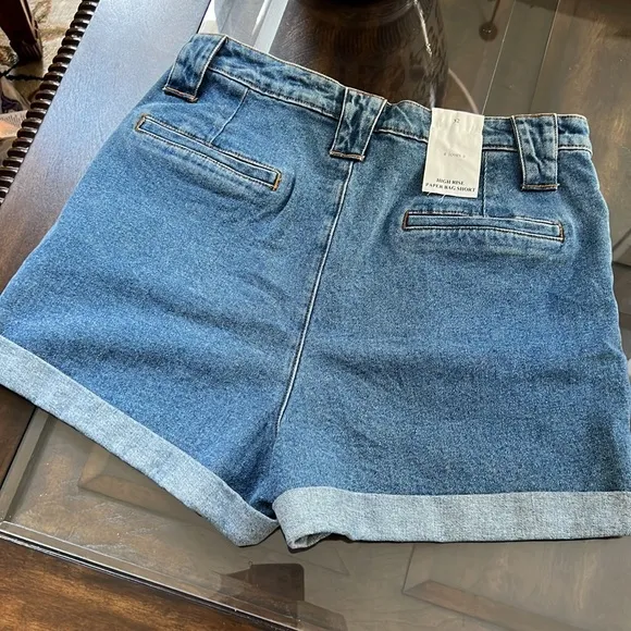 A Loves A High Rise Button Front Flap Pocket Denim Paper Bag Shorts