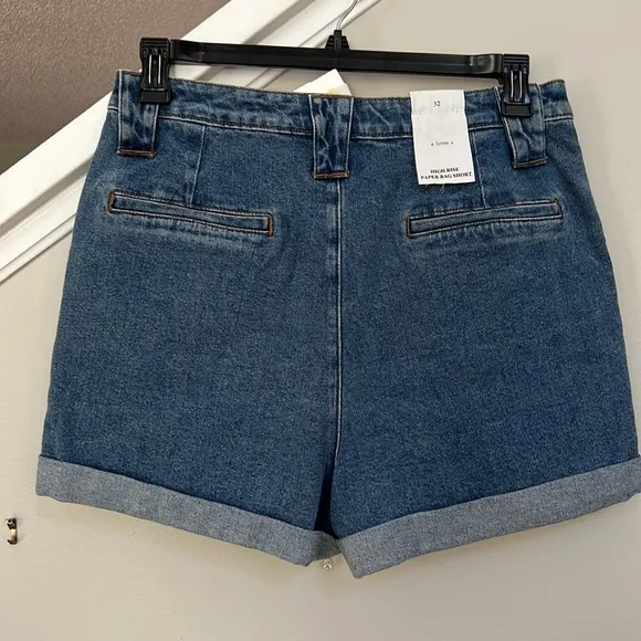 A Loves A High Rise Button Front Flap Pocket Denim Paper Bag Shorts