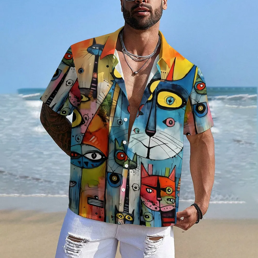 Abstract Cat Print Oversized Cotton and Linen Short Sleeve Shirt 2406001544