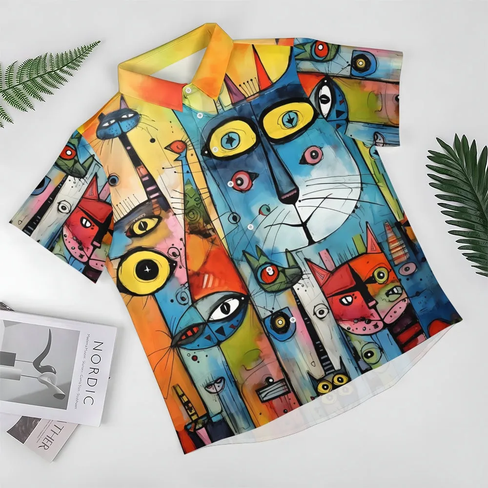 Abstract Cat Print Oversized Cotton and Linen Short Sleeve Shirt 2406001544
