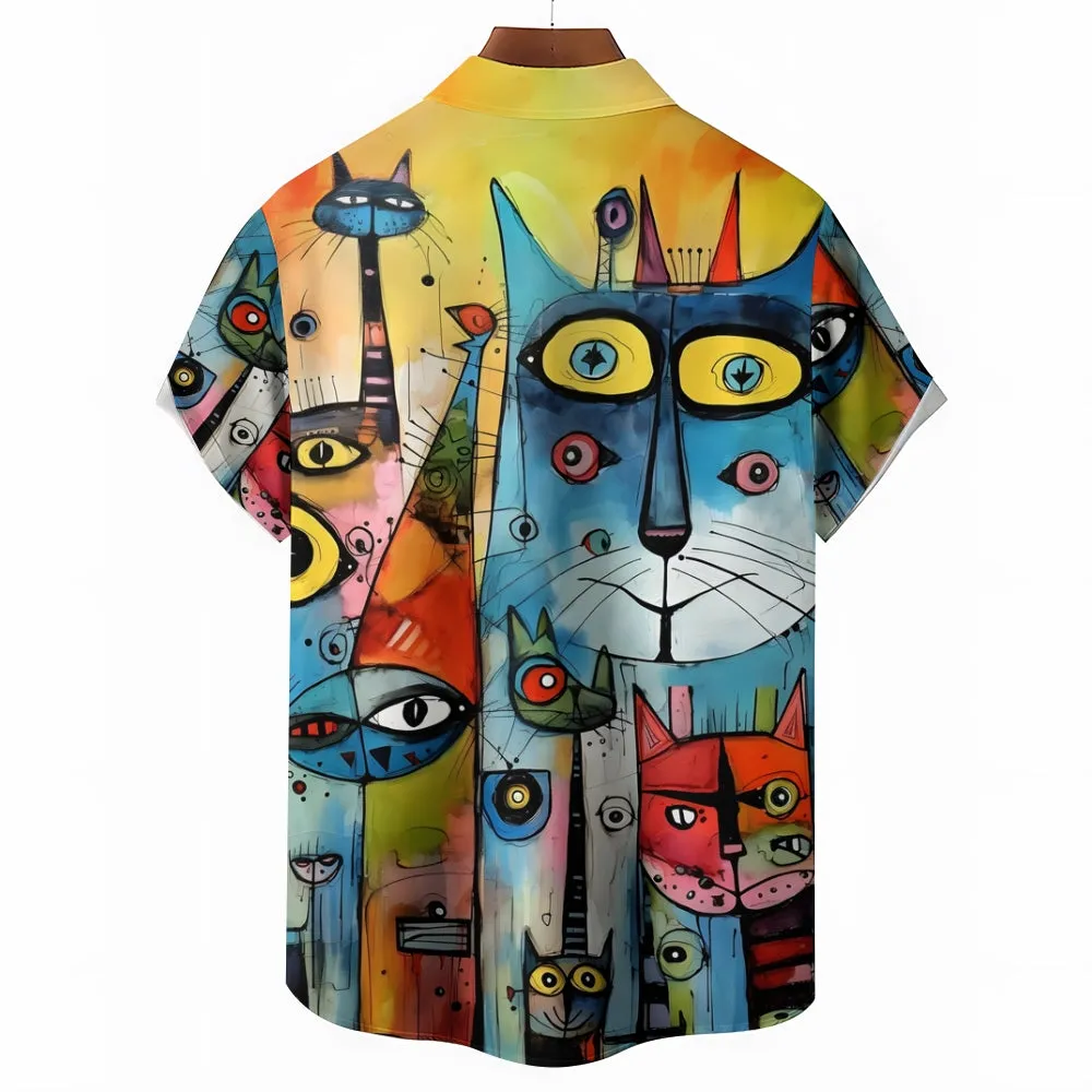Abstract Cat Print Oversized Cotton and Linen Short Sleeve Shirt 2406001544