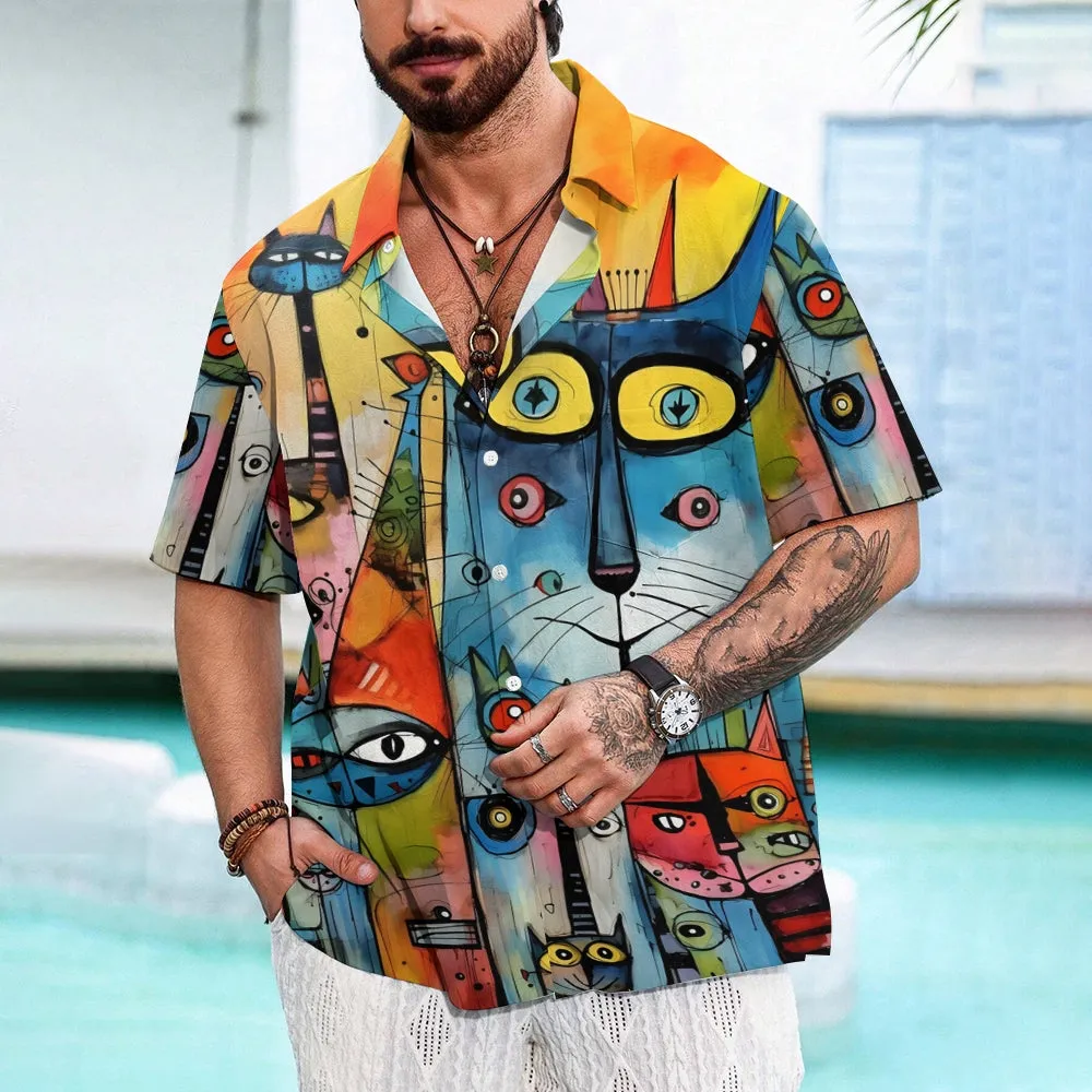 Abstract Cat Print Oversized Cotton and Linen Short Sleeve Shirt 2406001544