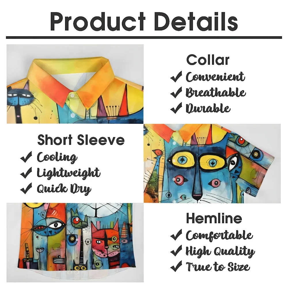 Abstract Cat Print Oversized Cotton and Linen Short Sleeve Shirt 2406001544