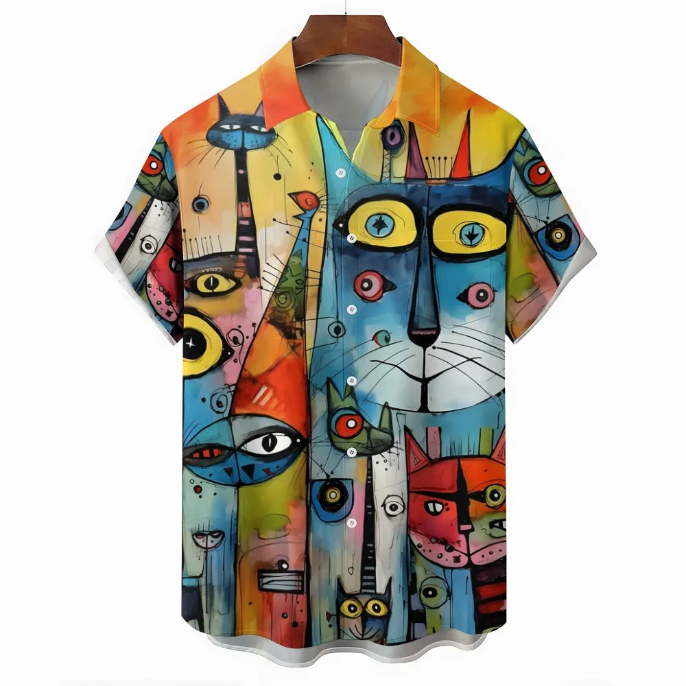Abstract Cat Print Oversized Cotton and Linen Short Sleeve Shirt 2406001544