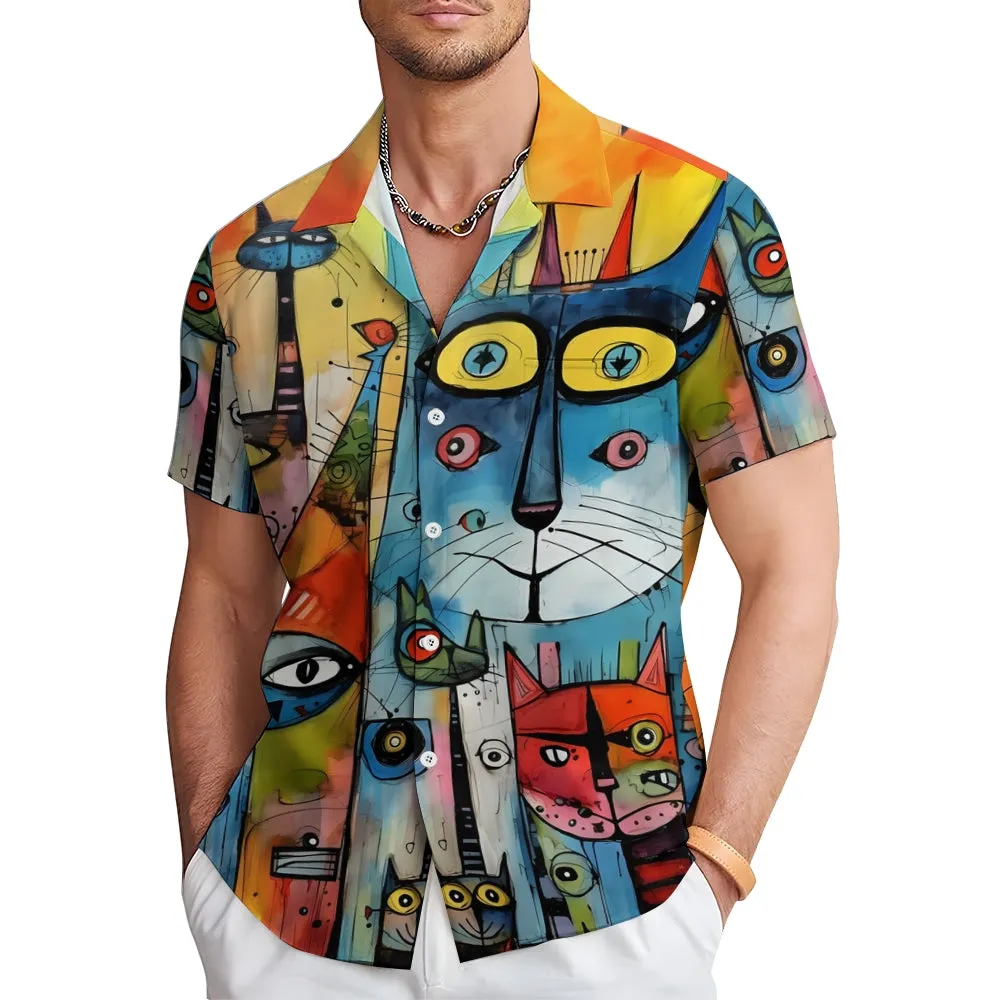 Abstract Cat Print Oversized Cotton and Linen Short Sleeve Shirt 2406001544