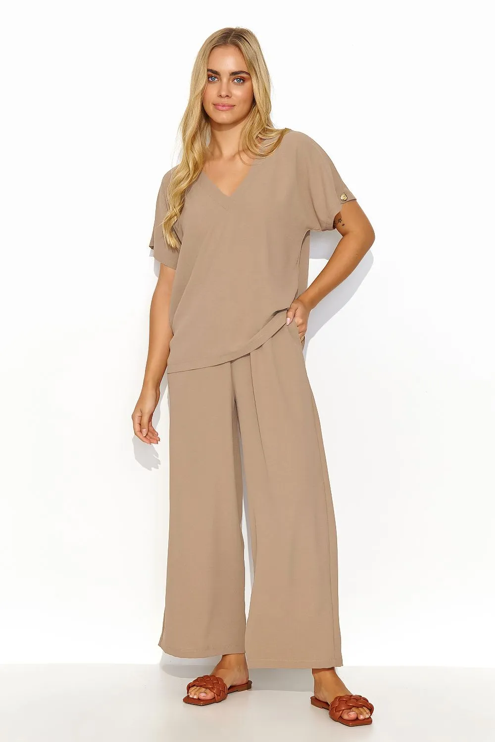 Airy V-Neck Blouse Wide-Leg Set