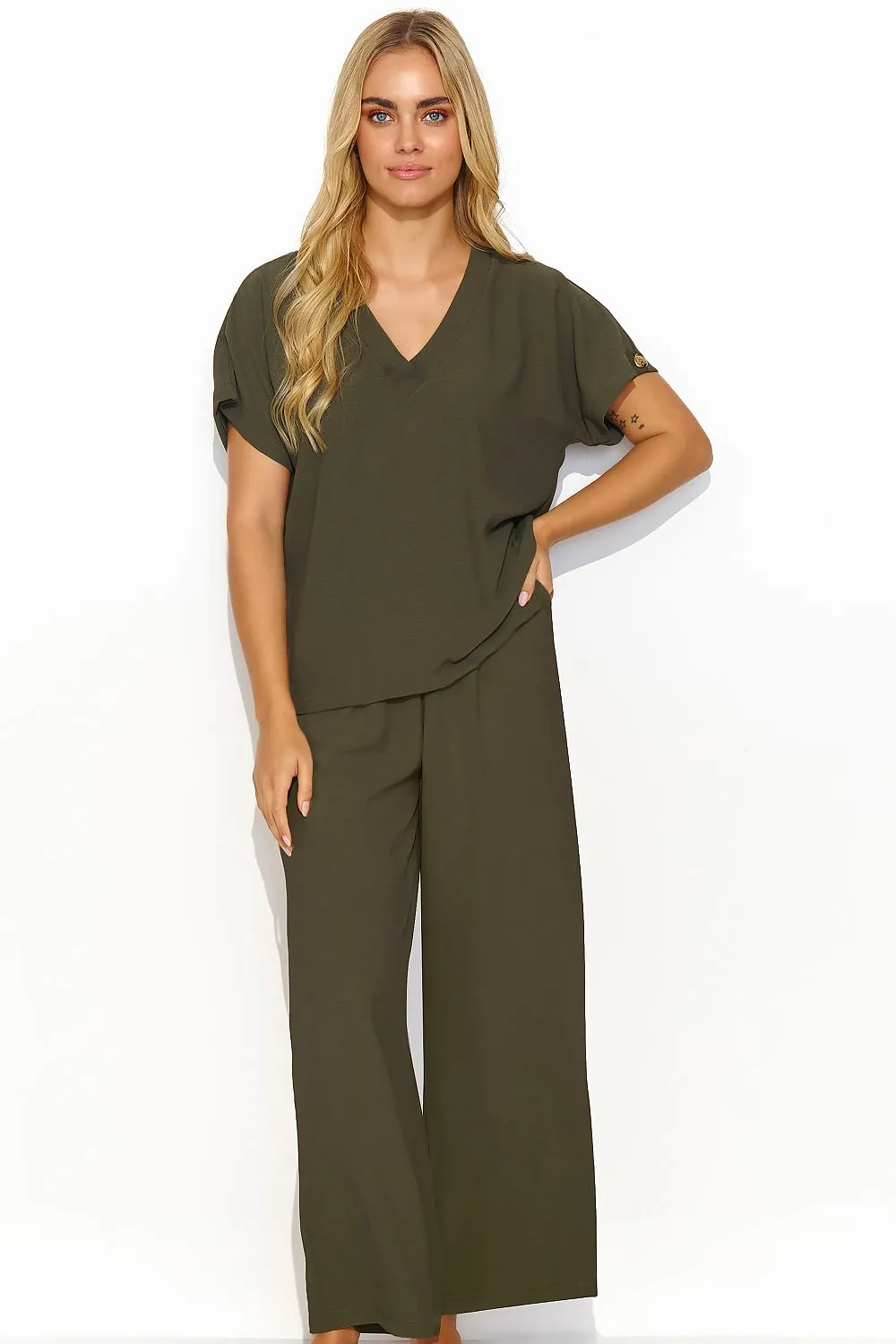 Airy V-Neck Blouse Wide-Leg Set