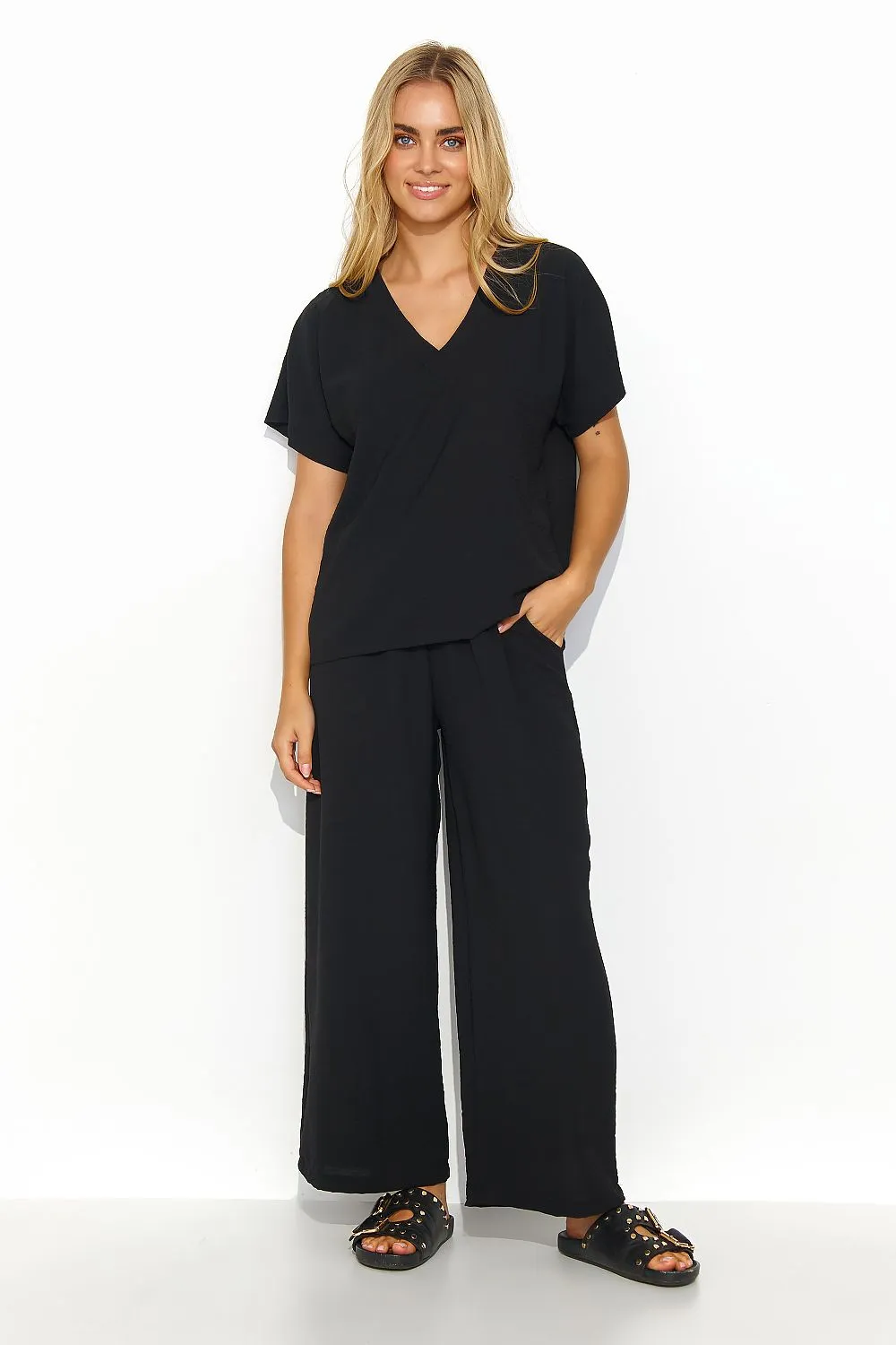 Airy V-Neck Blouse Wide-Leg Set