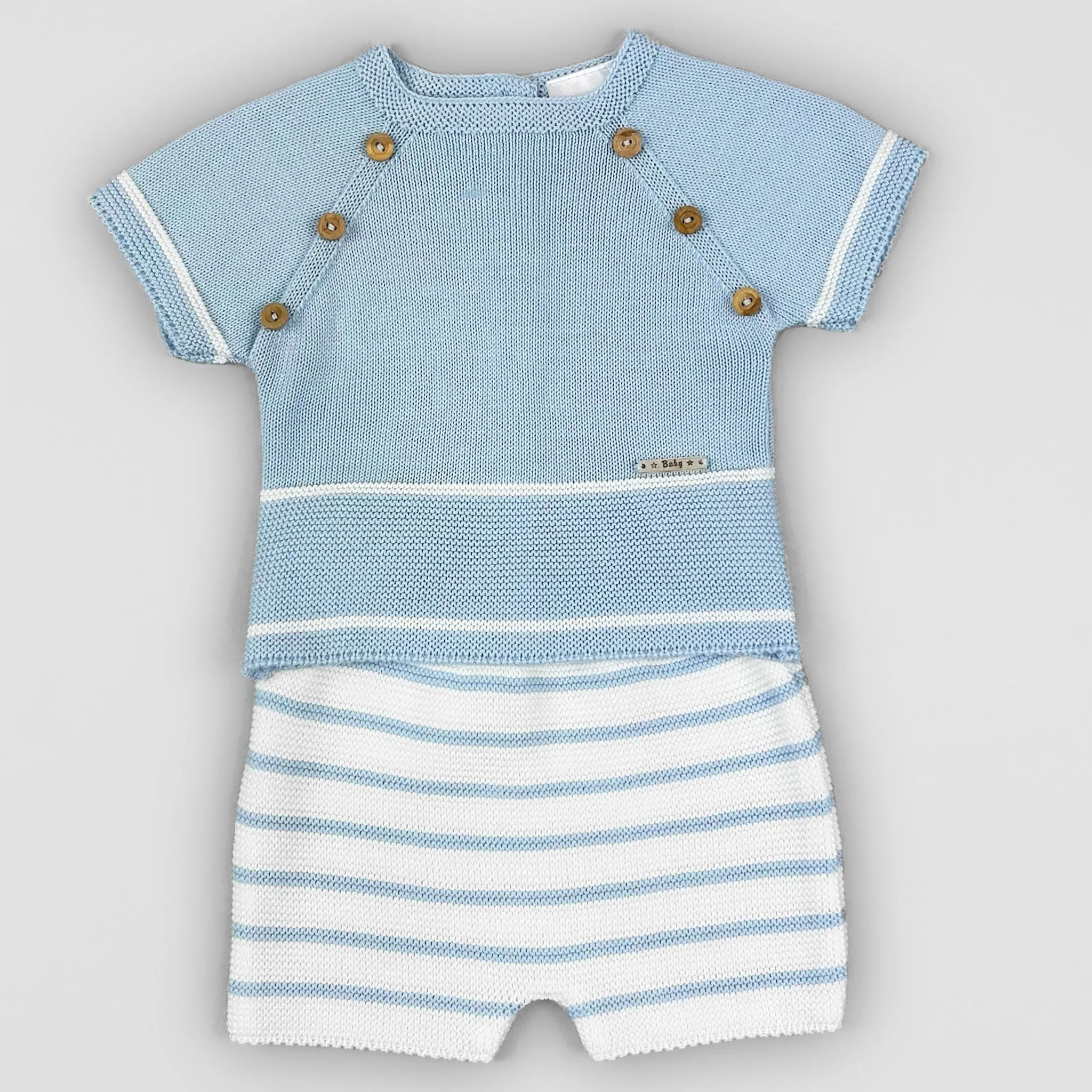 Baby Boys Baby Blue & White Knitted Summer Outfit – 2-Piece Set by Pex