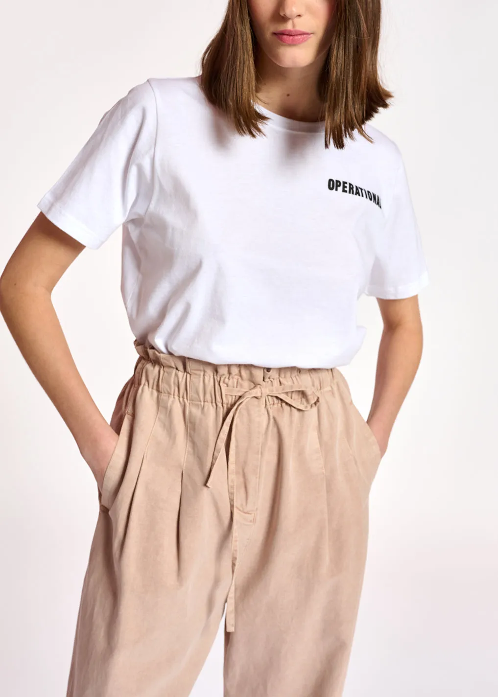 Beige cotton tapered pants