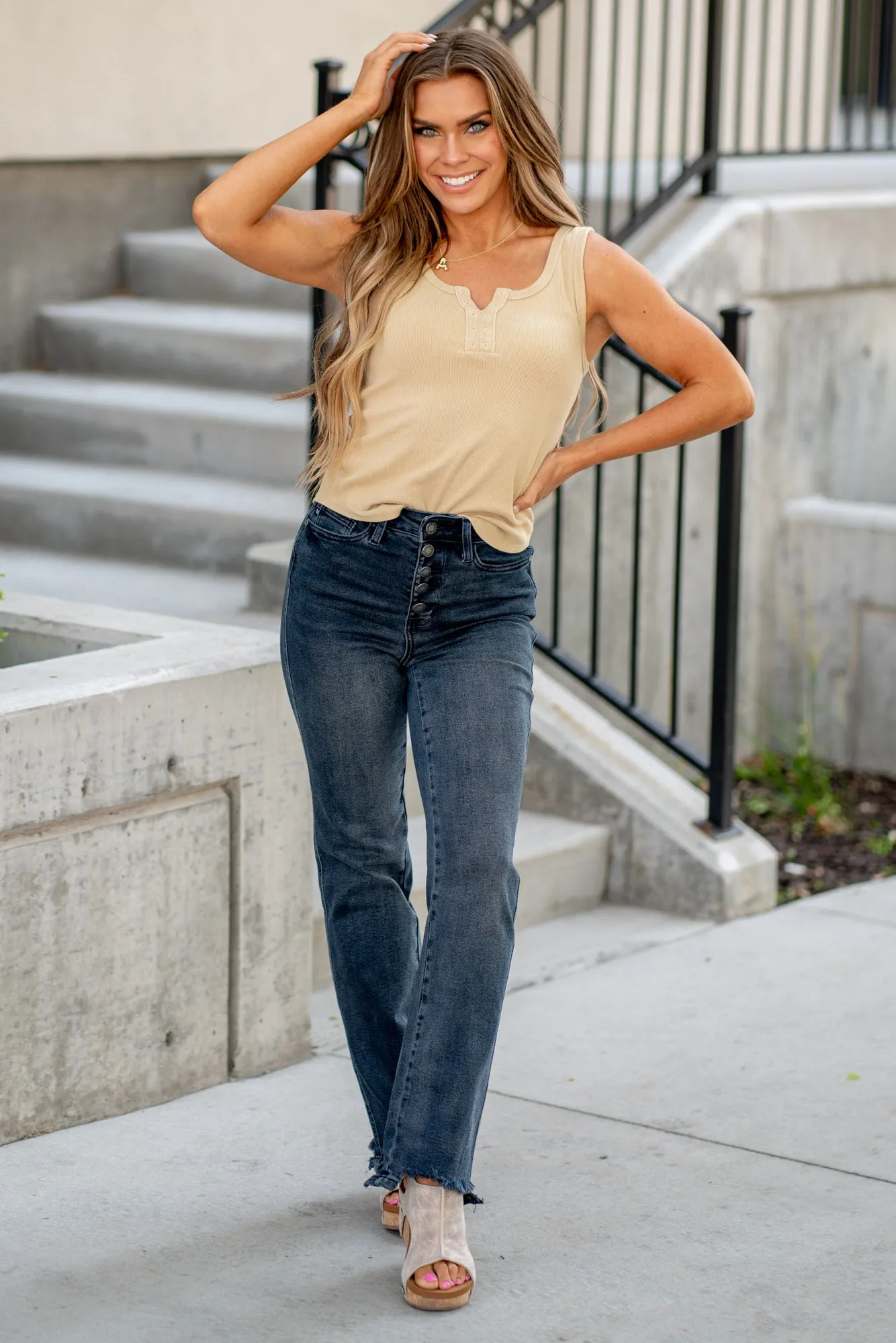 Best Day Button Fly High Rise Straight Leg Regular & Plus Sizes
