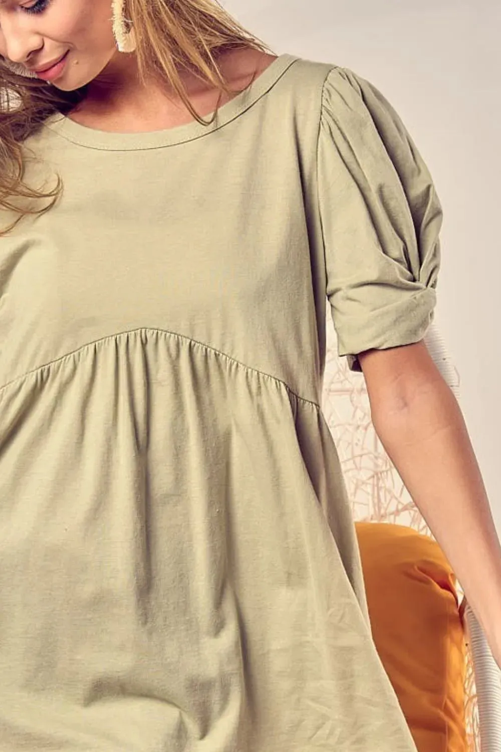 BiBi Cotton Span Knit With Puff Sleeve Baby Doll Top