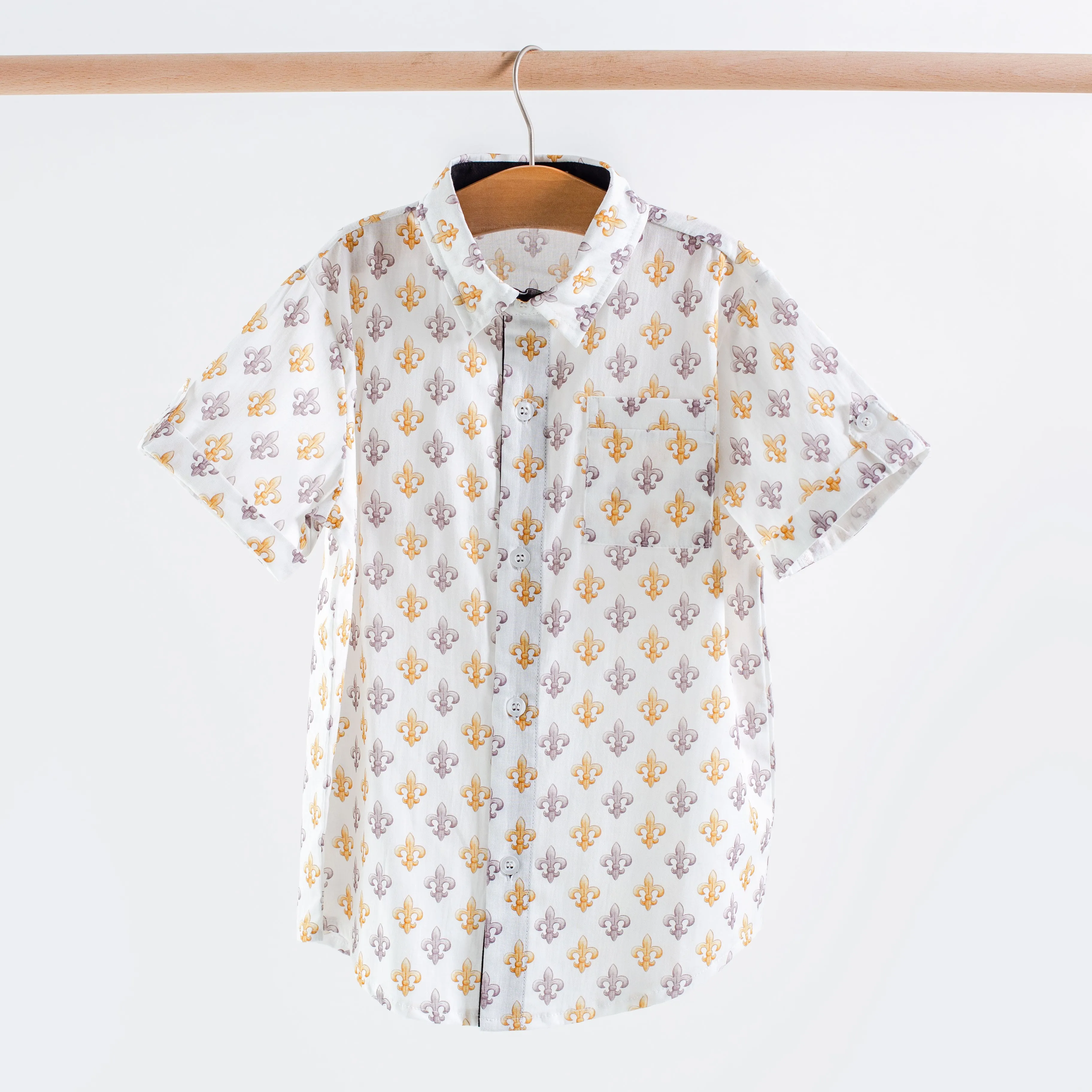 Black & Gold Fleur de Lis Short Sleeve Collared Shirt (Pre-order Arriving Fall 2025)