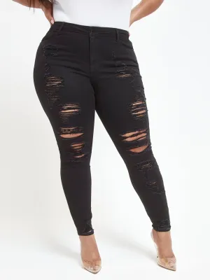 Black Mid-Rise All Over Destructed Skinny Jeans - Tall Inseam