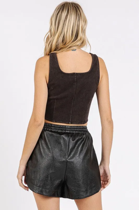 Black Mineral Wash Corset Crop Stretch Knit Tank