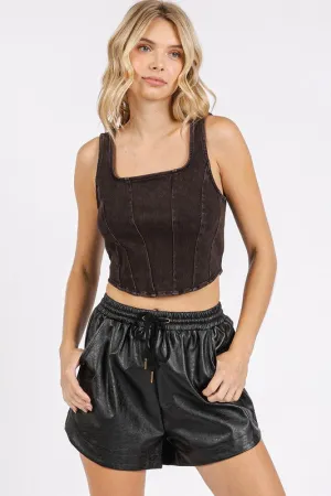 Black Mineral Wash Corset Crop Stretch Knit Tank