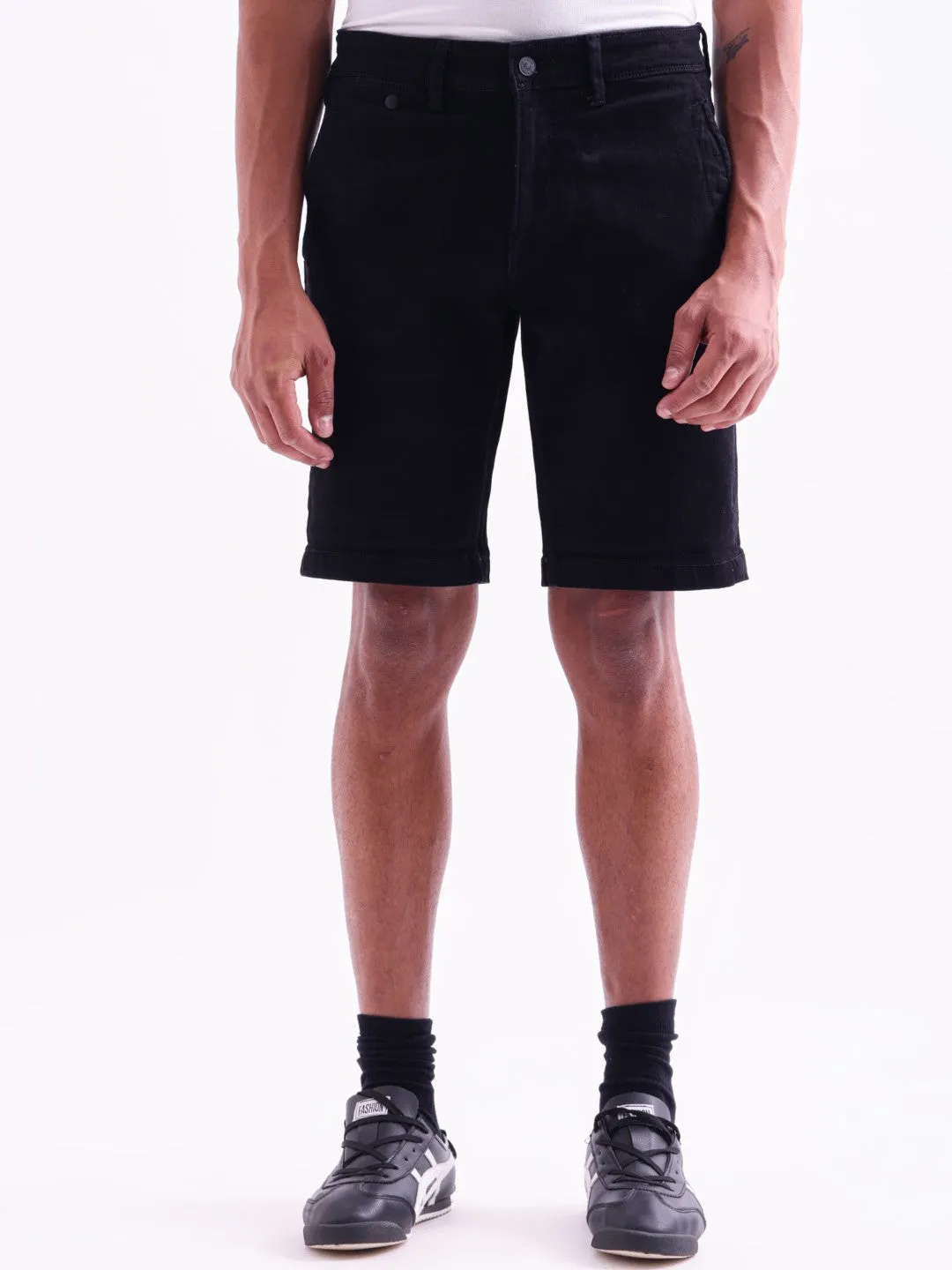 Black Plain Denim Shorts