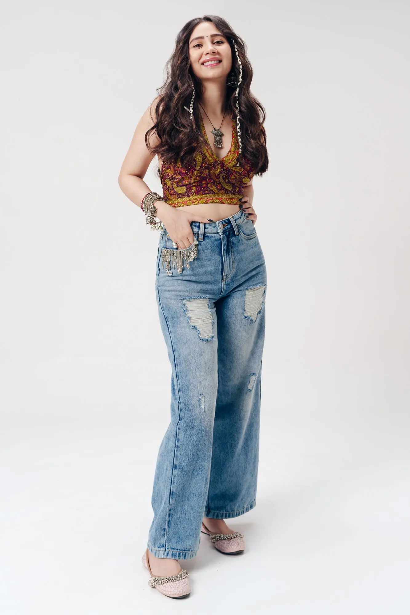 Blue Pataka Distressed Wide Jeans