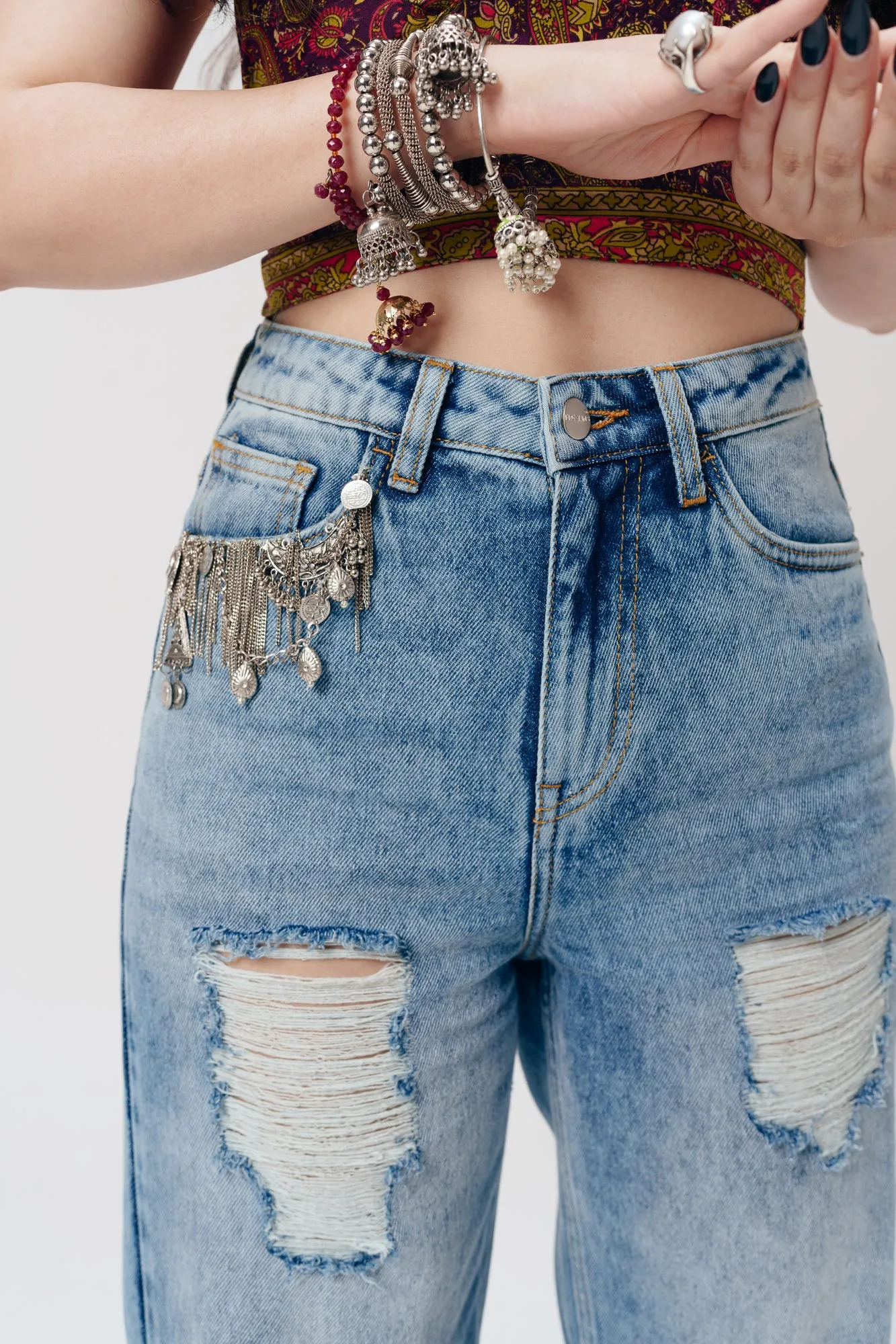 Blue Pataka Distressed Wide Jeans